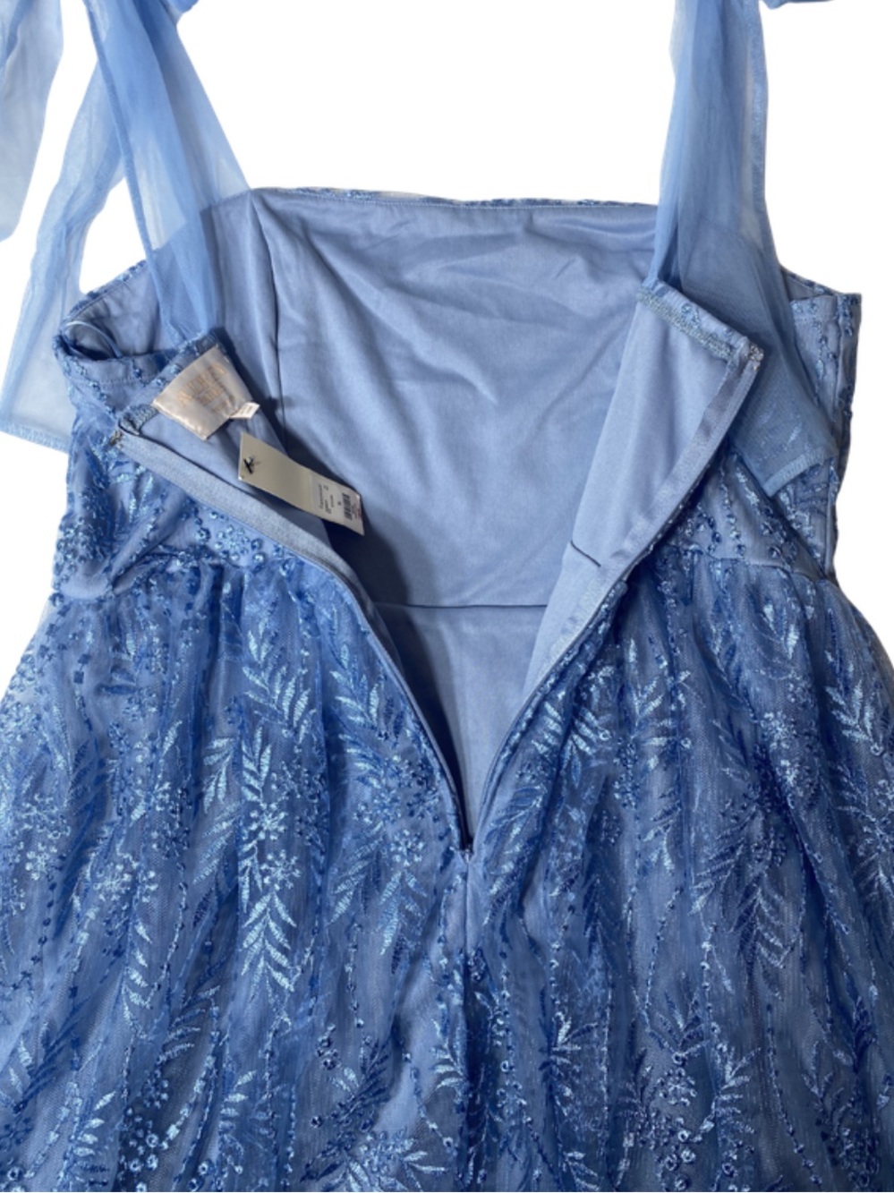 Audrey Parks Blue Floral Tulle Tie Shoulder Mini Dress Women's XL - Picture 5 of 12